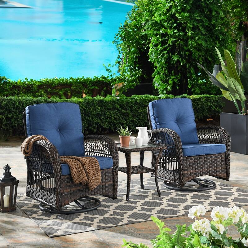 Gymojoy Outdoor 3-piece Rocking Swivel Chair Set Weather-resistance - Brown - Brown - Blue