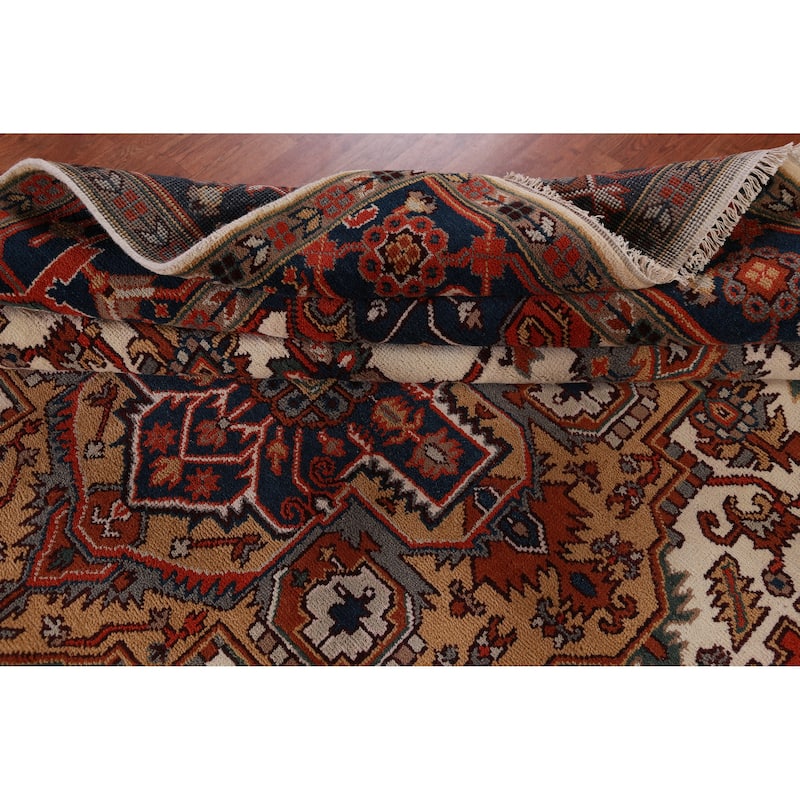 Hand Knotted Oriental 100% Wool Carpet Traditional Medallion Beige & Ivories Heriz (serapi) Area Rug - 11' 10'' X 8' 10''
