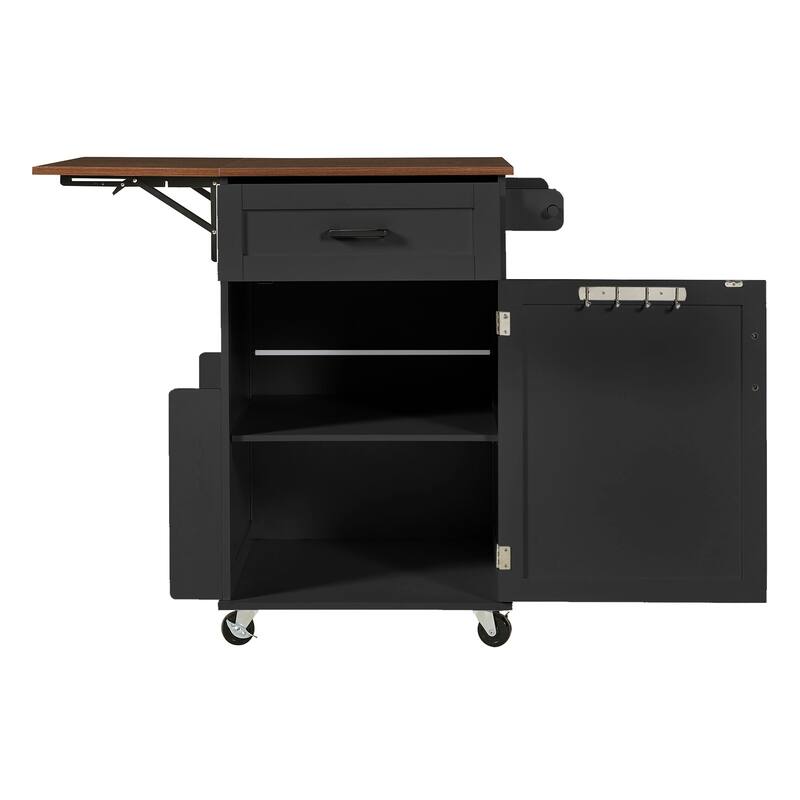 Anmytek 39.3" Farmhouse Rolling Kitchen Island with Drop Leaf, Storage, Lockable Wheels, Black