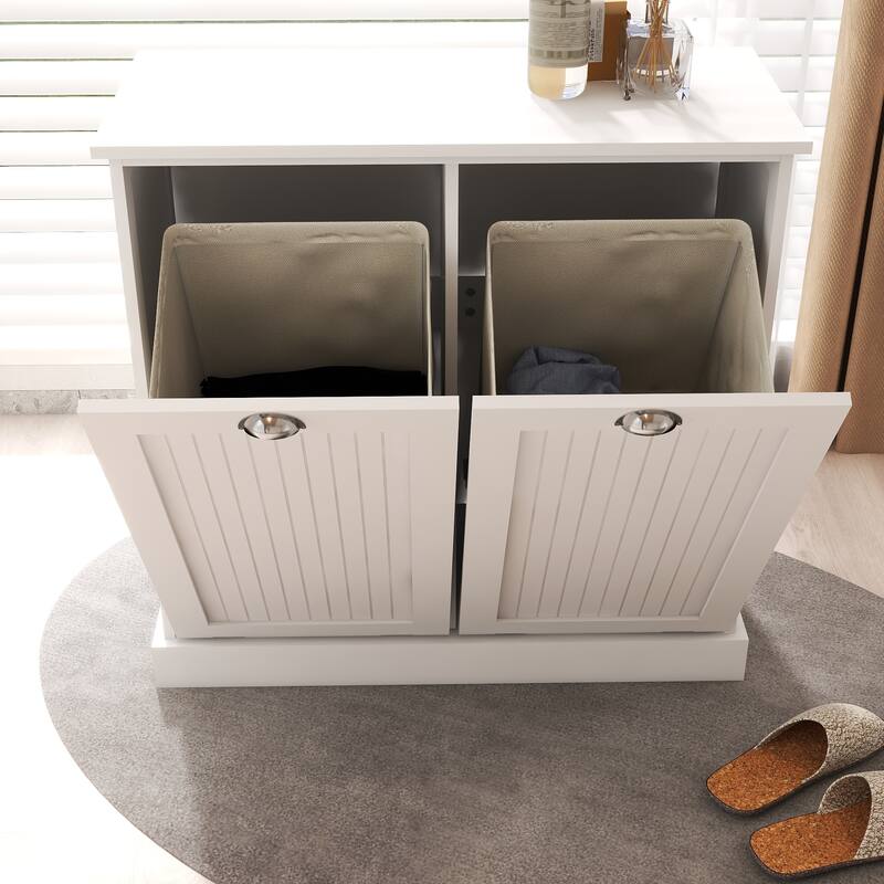 Two-Compartment Tilt-Out Laundry Sorter Cabinet-White