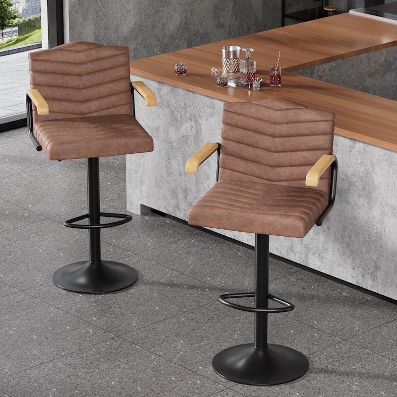 Javlergo 2-Piece & 4-Piece Adjustable Height Bar Stools Brown PU Leather with Armrests Arc Footrest Base for Kitchen or Bar - Set of 2