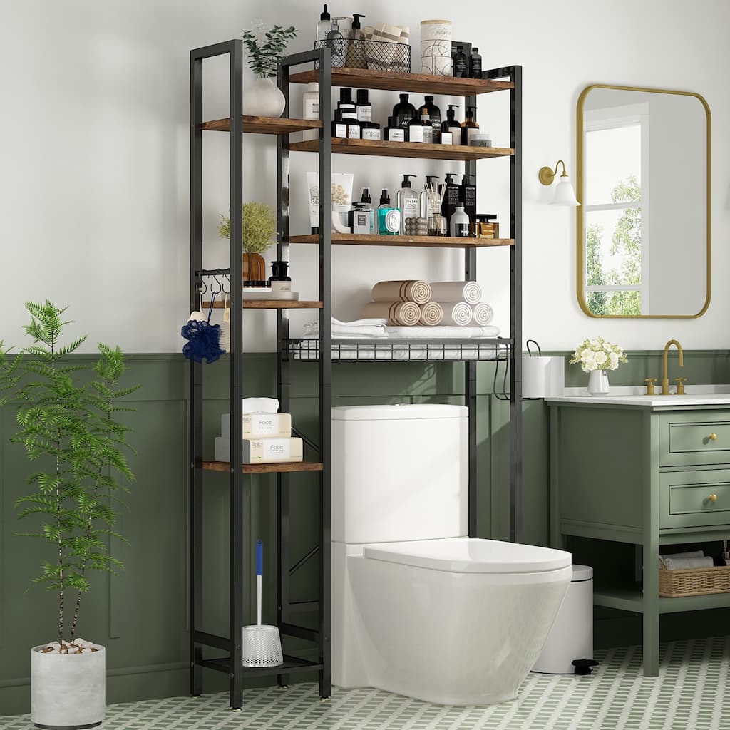 Sofucor 8-Tier Over The Toilet Storage with Side Rack,Adjustable Shelf & Drain Basket,Bathroom Organizer for Balcony,Laundry