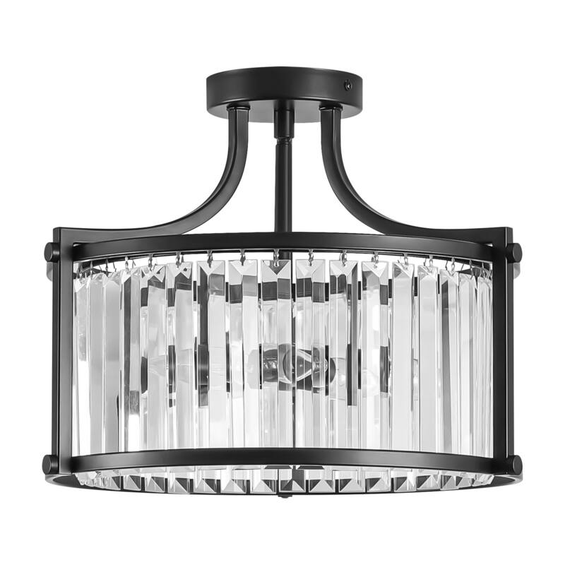 4-Light Modern Matte Black Drum Crystal Semi-Flush Mount Light - 14.76 in. W x 11.81 in. H