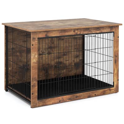 Rustic Brown and Black Wooden Dog Crate with Cushion, Double Doors and Side Table Design