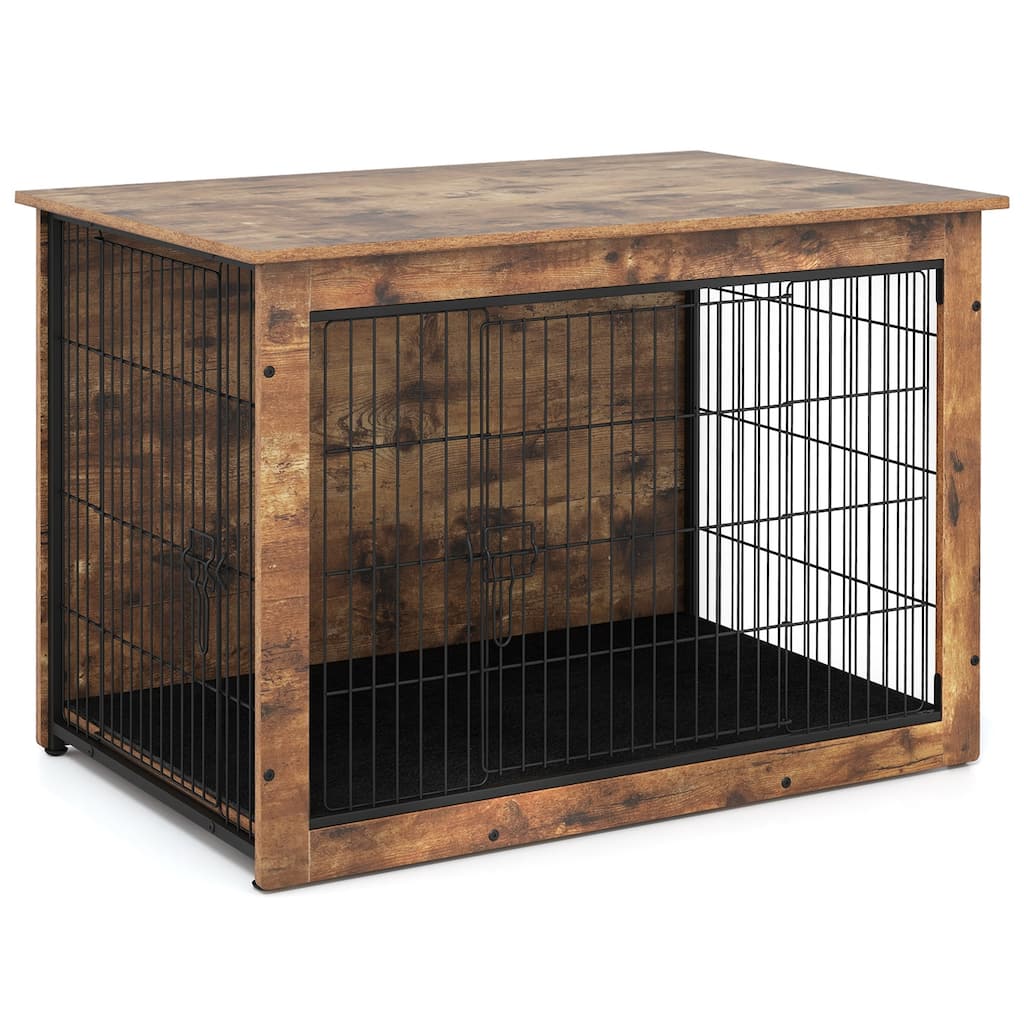 Rustic Brown and Black Wooden Dog Crate with Cushion, Double Doors and Side Table Design