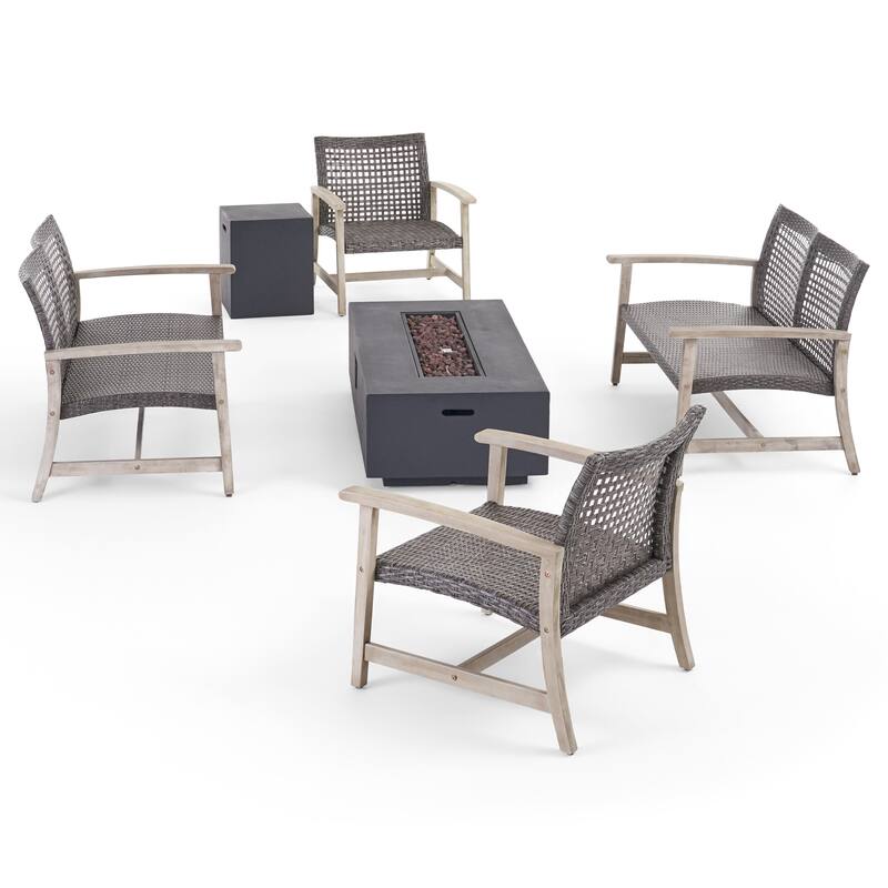 Augusta Outdoor Acacia Wood and Wicker 6 Seater Chat Set with Fire Pit by Christopher Knight Home