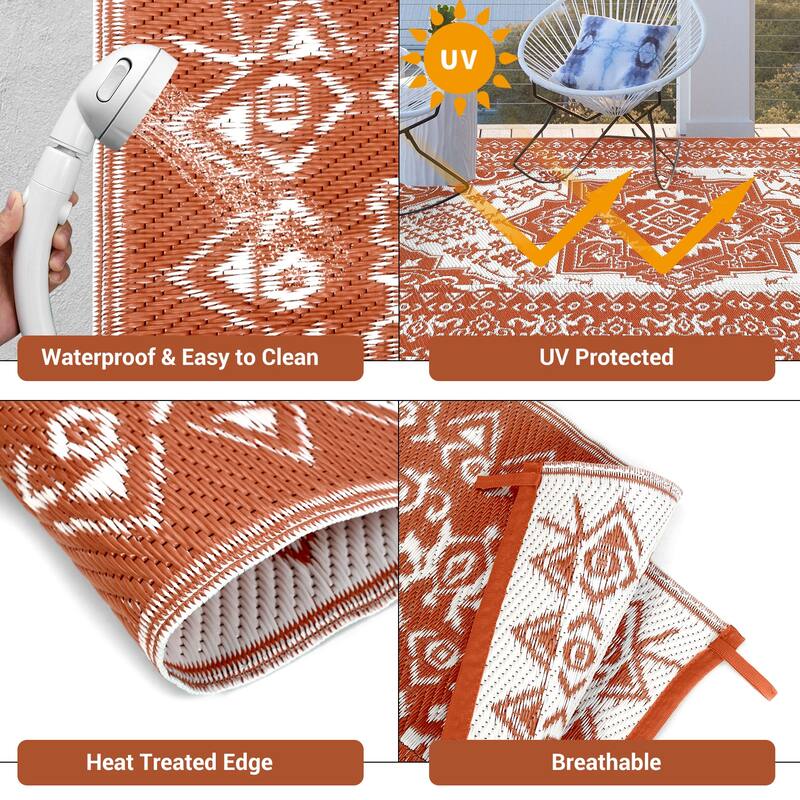 Outdoor Patio Rug Waterproof Reversible Carpet Vintage Boho Medallion Rug Plastic Straw Rug