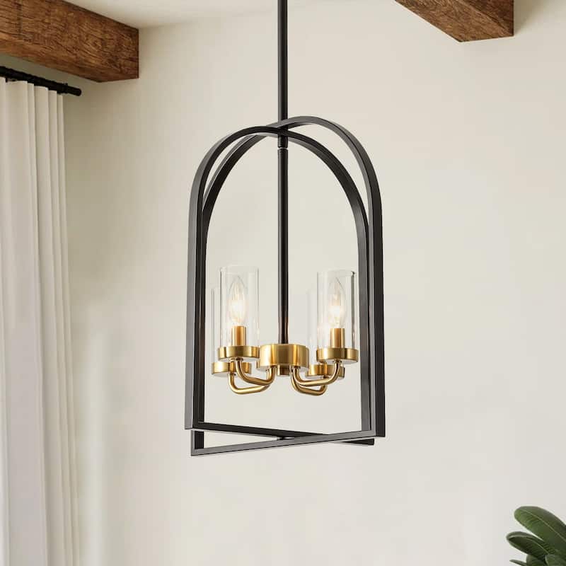 4-Light Farmhouse Industrial Matte Black Lattern Cage Chandelier with Clear Glass Tube for Use in Kitchen Island, Dining Room