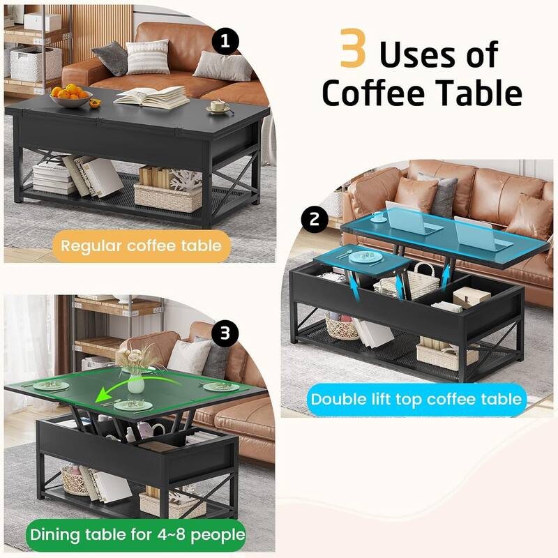 Lift Top Coffee Table Open Storage Shelf & Hidden Classified Storage