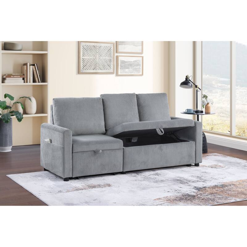70"W Gray Corduroy Sofa with Pull-Out Chaise, Underseat Storage, Side Pocket