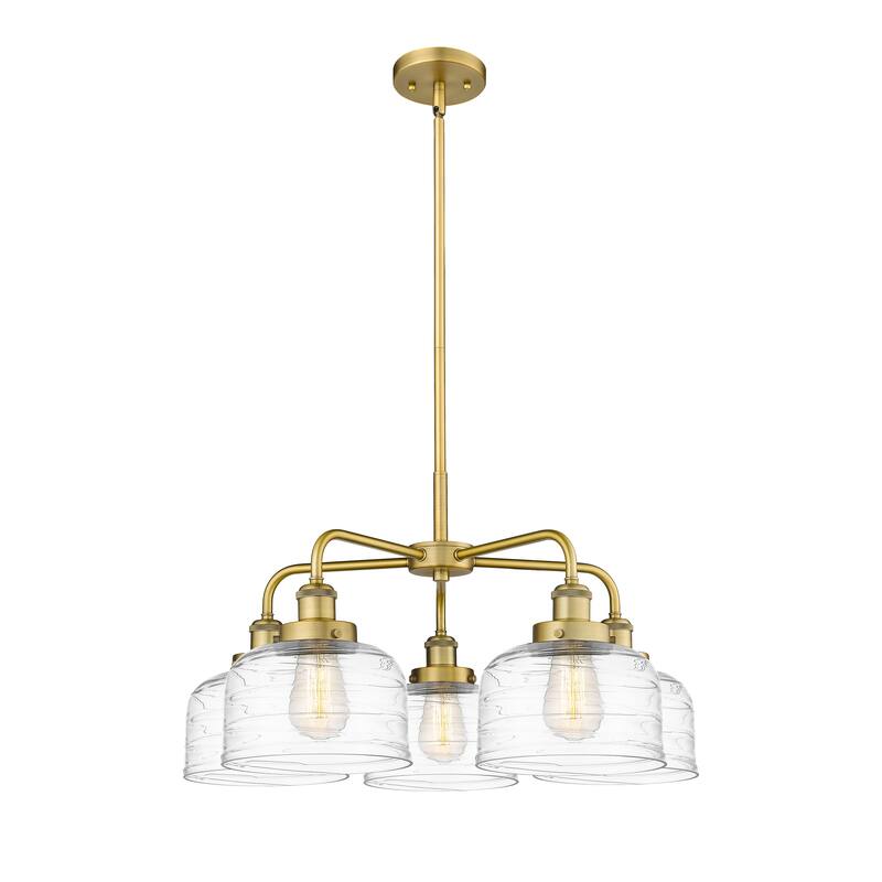 Innovations Lighting Bell - 5 Light 26" Stem Hung Chandelier - Brushed Brass/Clear Deco Swirl