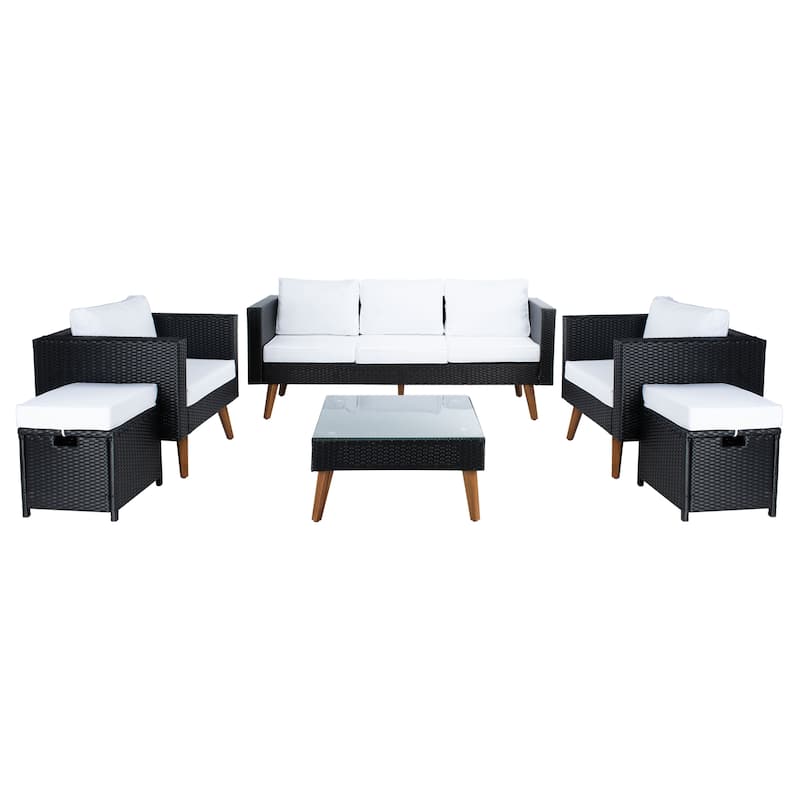 SAFAVIEH Outdoor Gojka 6-Piece Living Set - 69W x 26D x 27H - Black/White Cushion