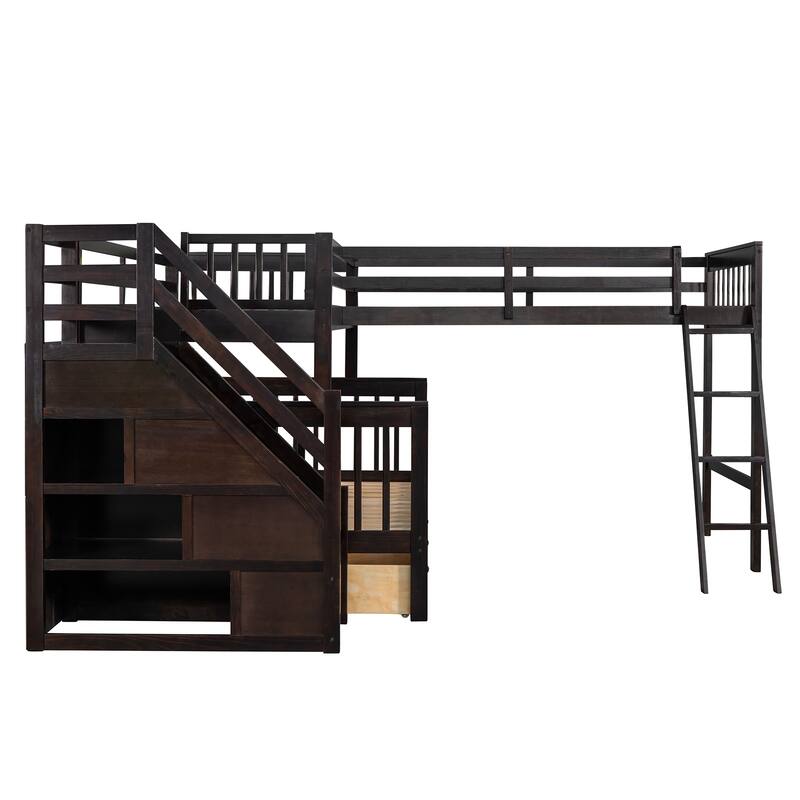 L-Shaped Twin over Full Bunk Bed with Drawers, Ladder, and Staircase in Espresso