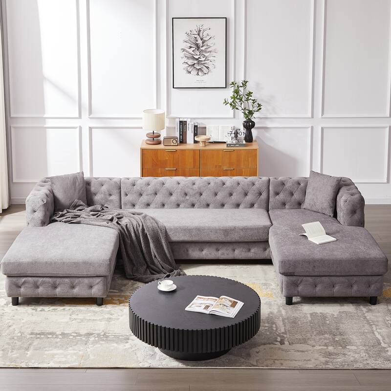 U-Shaped Chenille Sofa with Two Chaise Longue Seats and Pillows.