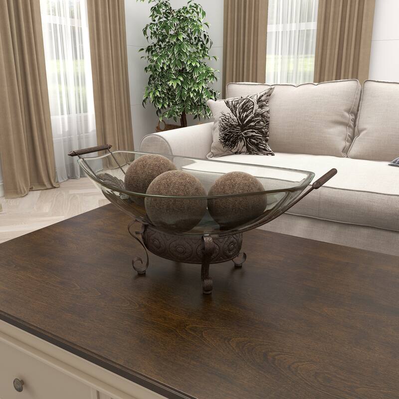 Clear Tempered Glass Kitchen Serving Bowl with Brown Metal Scroll Base