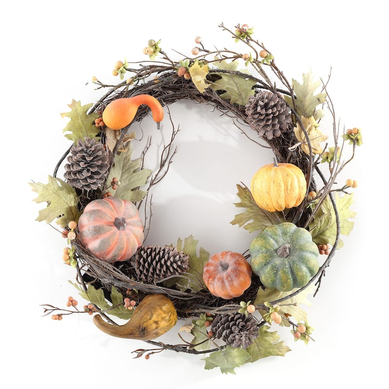 SAFAVIEH Faux 24 Inch Oak Leak Wreath W/ Pumpkins - 24" W x 24" D x 7" H