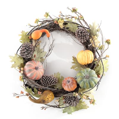 SAFAVIEH Faux 24 Inch Oak Leak Wreath W/ Pumpkins - 24" W x 24" D x 7" H