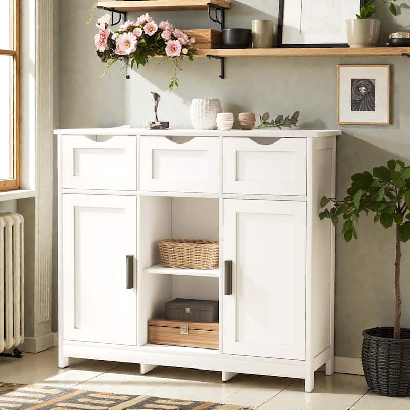 Wooden Storage Cabinet with Drawers and Adjustable Shelves, Floor Accent Cabinet for Living Room Bedroom