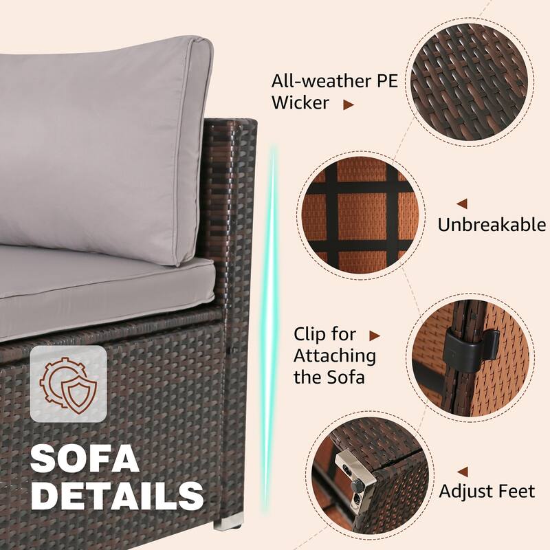 7-PC Wicker Patio Conversation Set with Brown Cushions, 6 sofas, 1 table