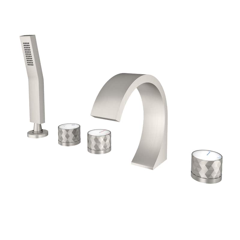Waterfall 3-Handles Deck-Mount Roman Tub Faucet with Hand Shower (Valve Included) - Brushed Nickel