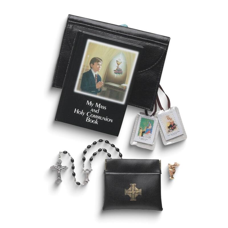 Curata Five Piece First Communion BoyS Black Book Cover Gift Set