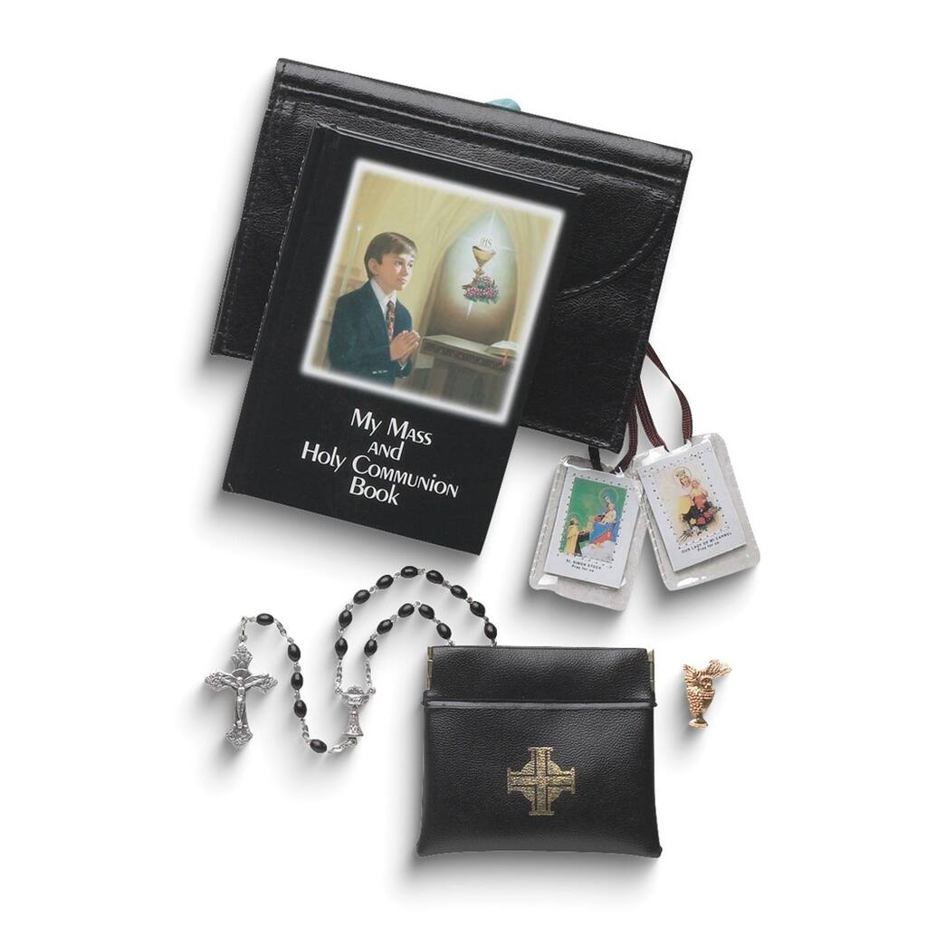 Curata Five Piece First Communion BoyS Black Book Cover Gift Set