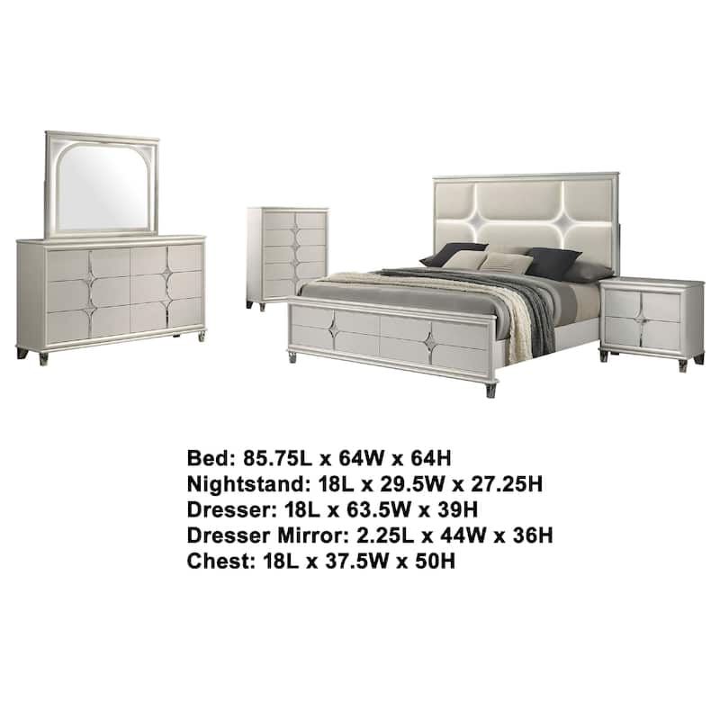 Ory 5pc Queen Bedroom Set, Touch LED, Diamond Star Design, White Wood