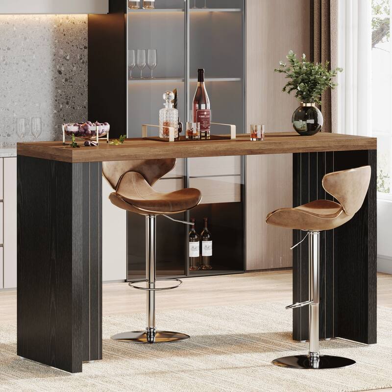 55'' Home Bar Unit, Bar Table with Faux Marble Finished Tabletop - Brown & Black