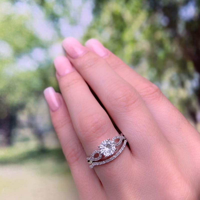 Miadora 10k White Gold Created White Sapphire and 1/6ct TDW Diamond Bridal Set
