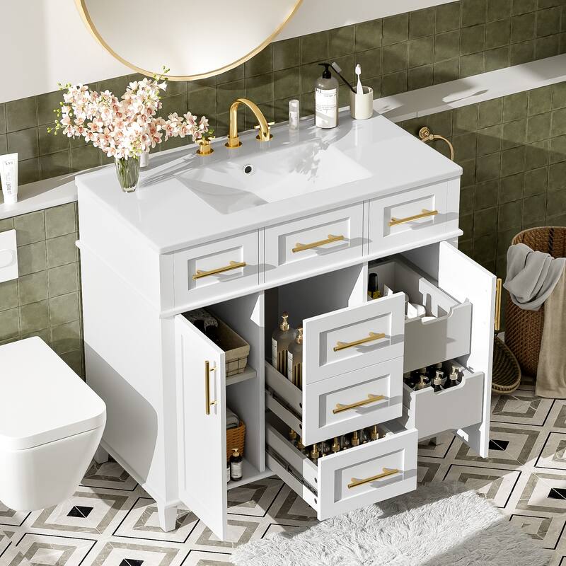 36" White Bathroom Vanity Cabinet With Versatile Storage - 4 Soft Close Drawers 1 Adjustable Shelf, 2 Soft Close Doors - White