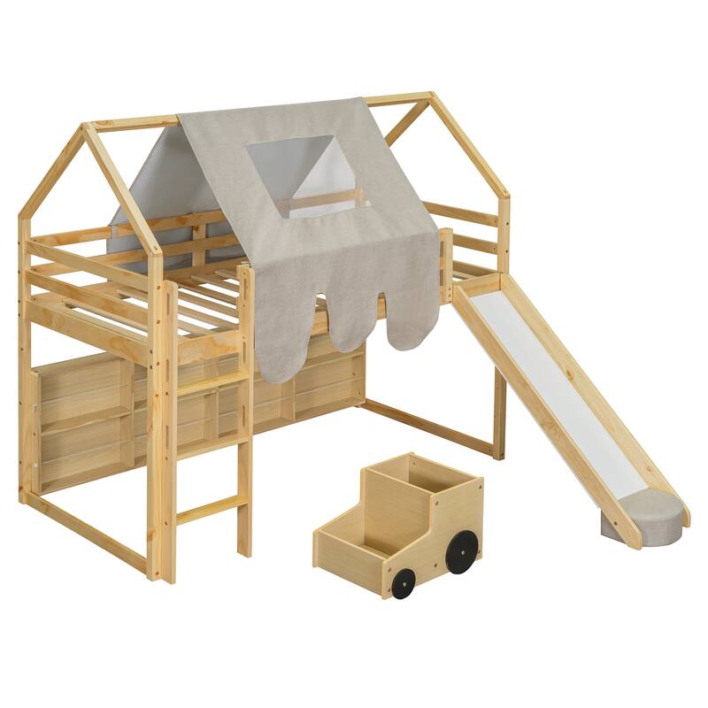 House-shaped Twin Loft Bed with Tent, Slide, and Storage in Natural+Beige