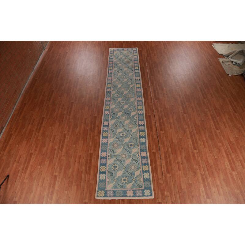 Hand Knotted Oriental 100% Wool Carpet Transitional Floral Navy Blue & Blues Oushak Runner Rug - 16' 7'' X 3' 6''
