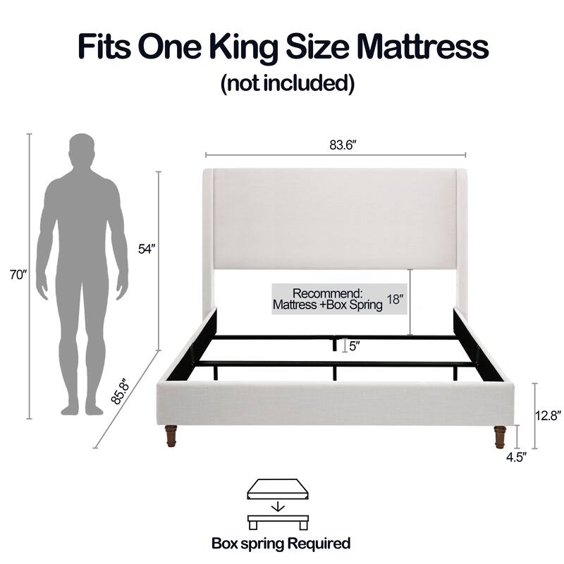 Tall 54" Headboard Upholstered Wingback Bed Without Slats - Ivory - King