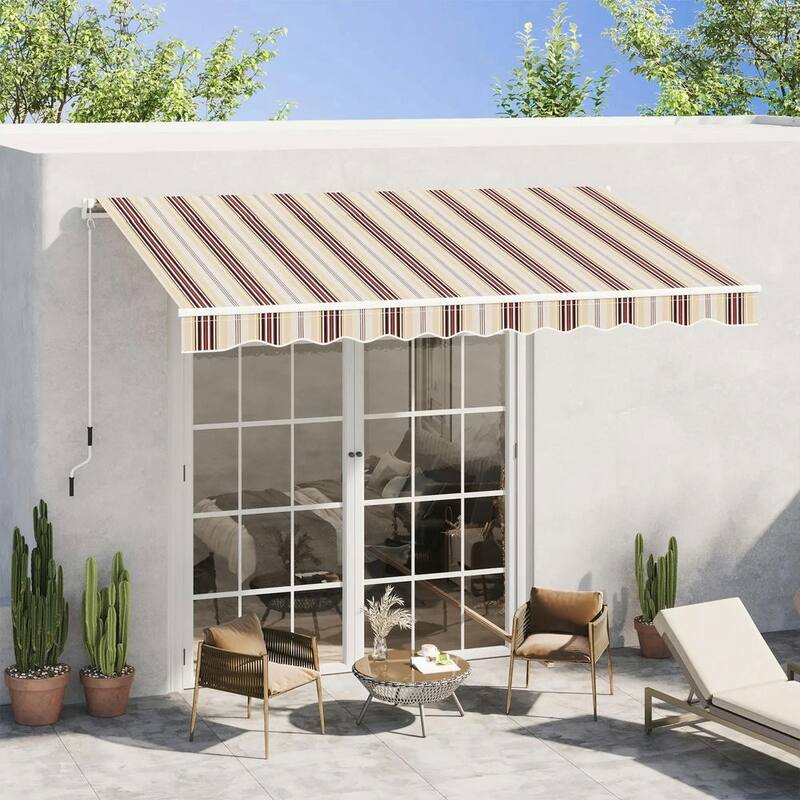 10' x 8' Retractable Patio Awning, Manual Crank, UV Waterproof Fabric - Red Beige