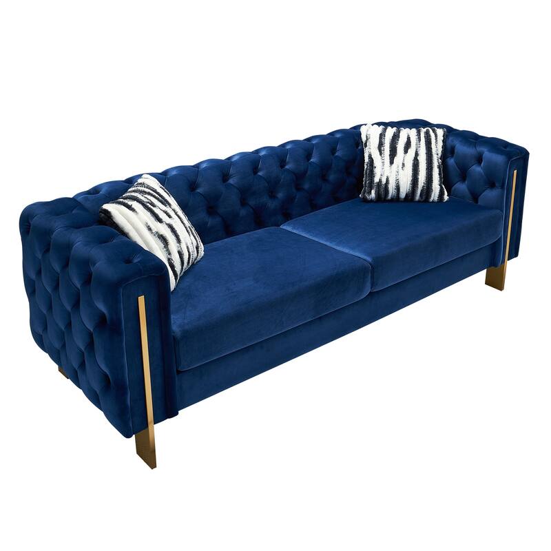 Chesterfield Tufted Velvet Couch with Gold Legs, Includes 2 Toss Pillows for Living Room
