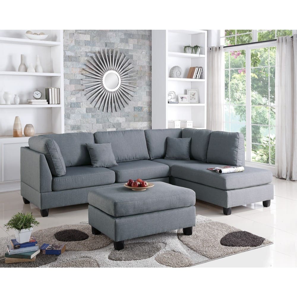 Linen Fabric 3 Pieces Sectional In Gray