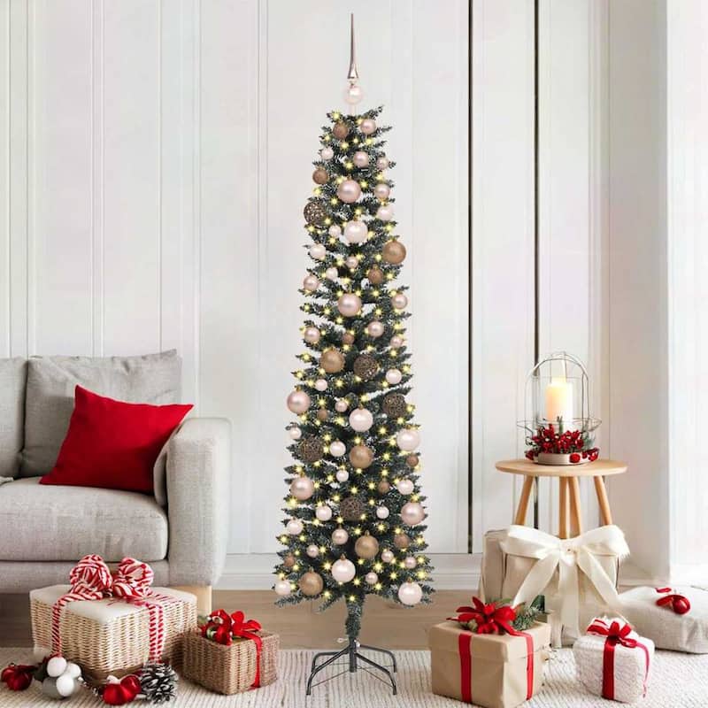 vidaXL ArtificialChristmasTree Green 50.5 x 50.5 x 180 cm PVC - 70.9 - Green with LEDs and rose gold balls