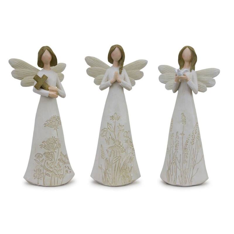 Floral Etched Angel Tabletop Figurine - 9.75" - White and Brown - Set of 3