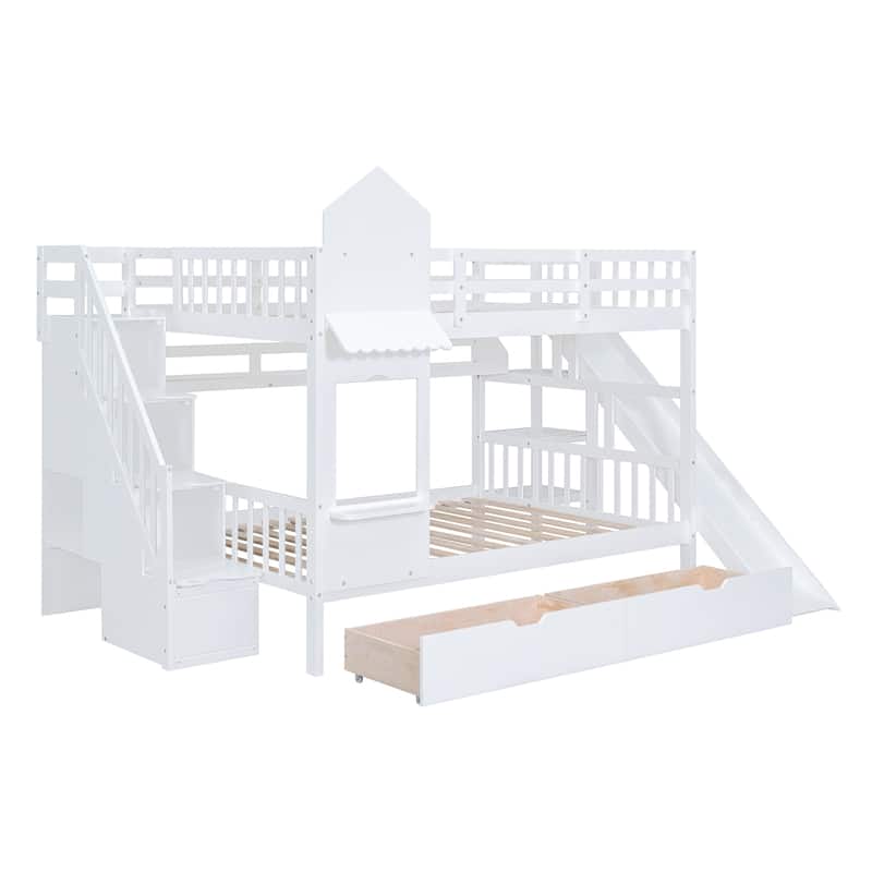 Castle Style Bunk Bed with 2 Drawers 3 Shelves and Slide