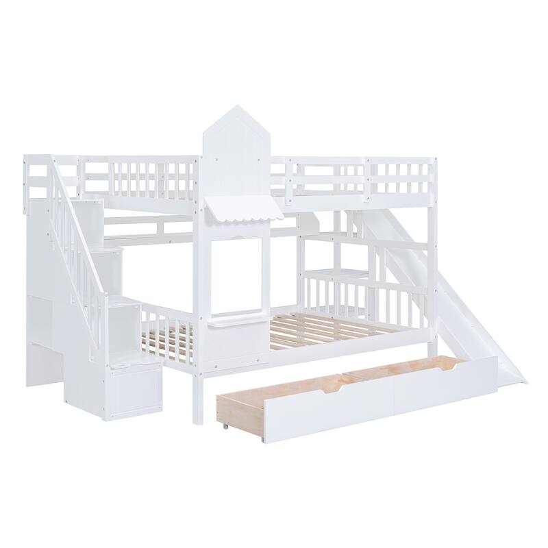 Full-Over-Full Castle Style Bunk Bed with 2 Drawers 3 Shelves and Slide