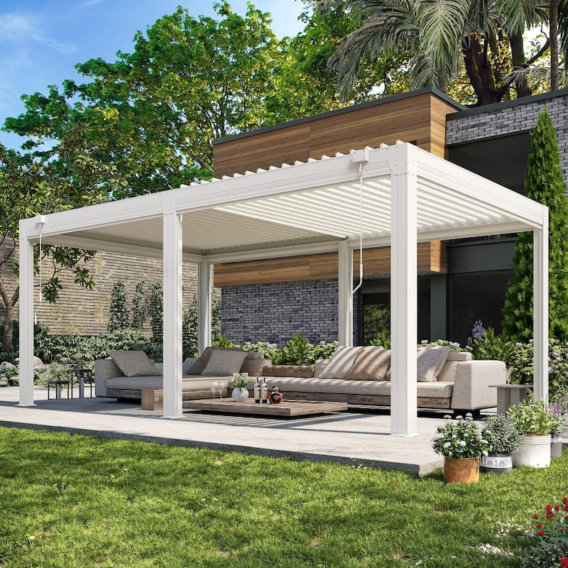 EROMMY Outdoor Louvered Pergola Gazebo with Adjustable Aluminum Rainproof Roof and Pull-Down Screen