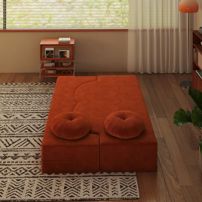 Modern 2-Seater Sofa Multi-Functional Folding Sofa Bed with Pillow, Curved Armrest, for Living Room, Apartment, Orange