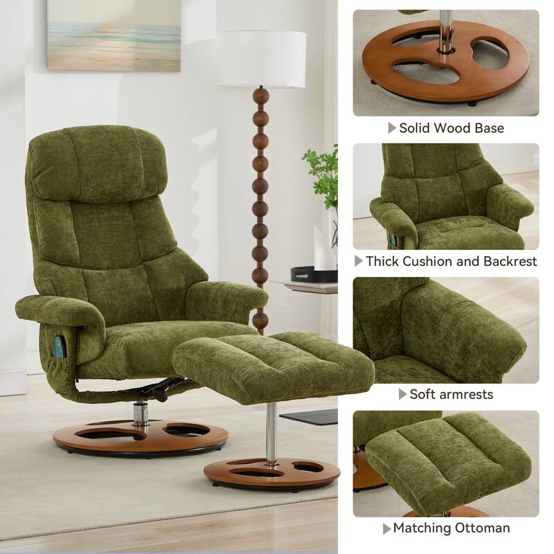 Recliner Chair with Ottoman, Modern 360° Swivel Lounge Chair with Footstool, Chenille Fabric, 5 Point Vibration Massage