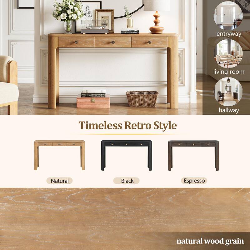 Rustic Console Table with Curved Corners for Safety - Entryway Table with 3 Concealed Drawers