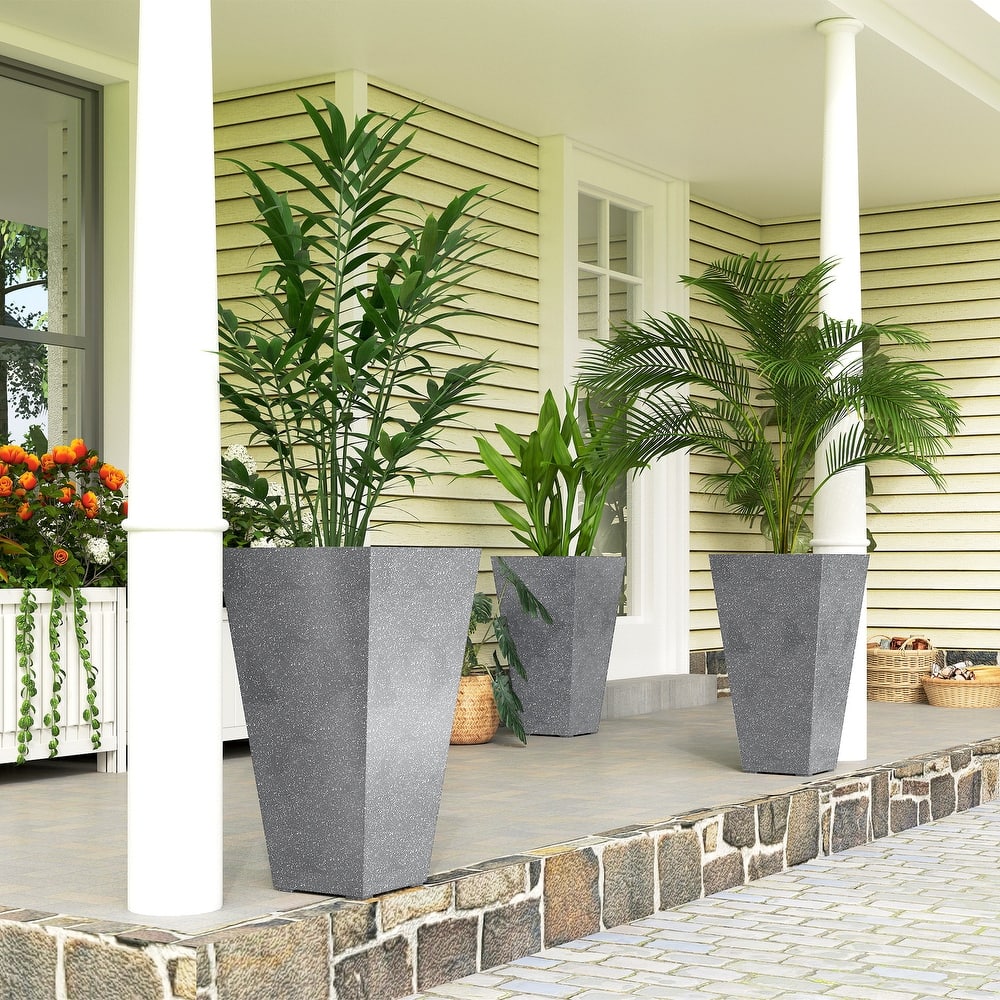 Outsunny 28 Inch Tall Planters for Outdoor Plants, Set of 3 Plastic Flower Pots with Marble Finish and Drainage Holes