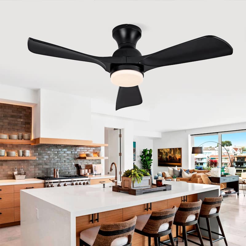 42 Inch Black Ceiling Fan with Lights Flush Mount Ceiling Fan with Remote Control, ABS Blades Modern Outdoor Ceiling Fans