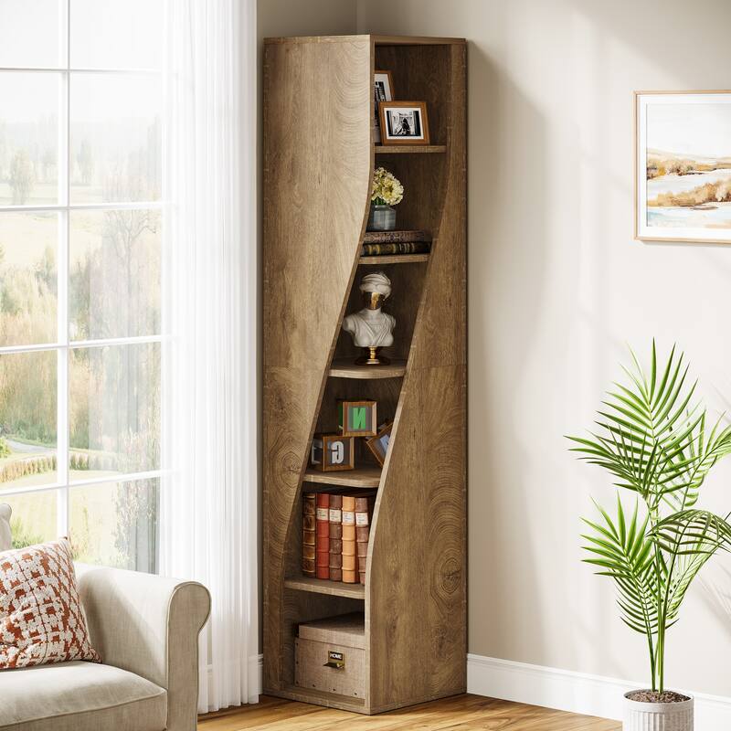 Farmhouse 6-Tier Corner Bookcase - Brown