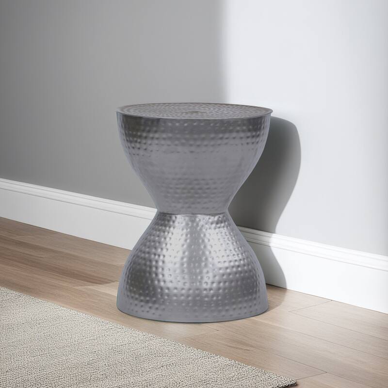 Industrial Style Hammered Texture Iron Stool with Hourglass Shaped Body, Silver