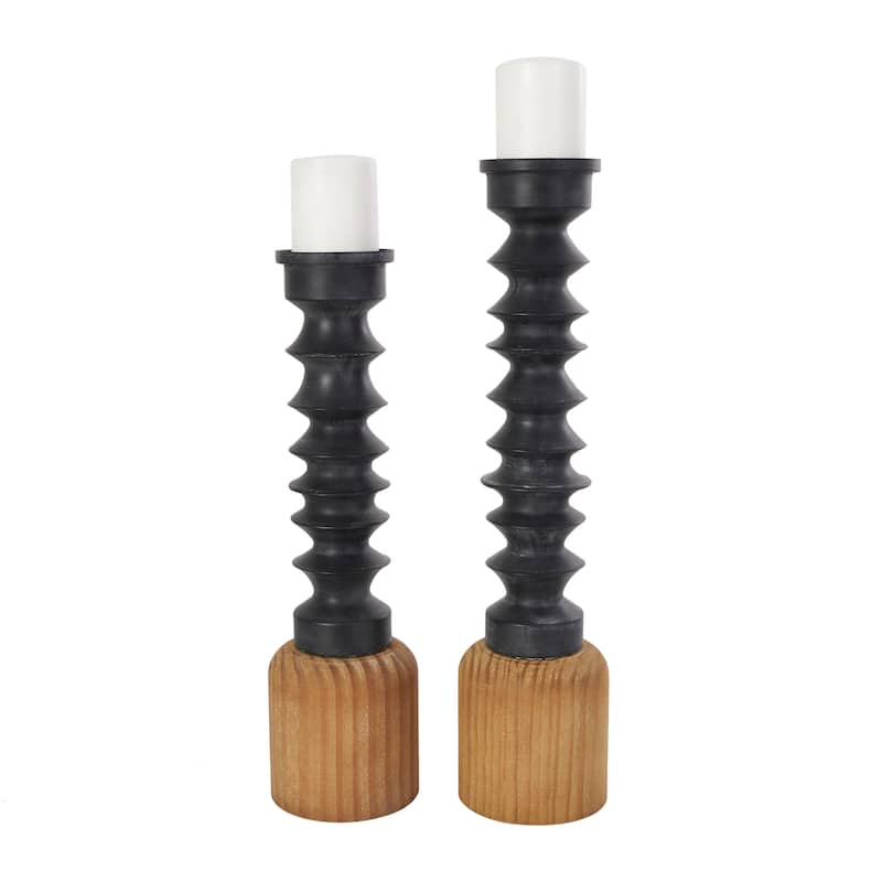 Metal Turned Style Candle Holder with Brown Wood Bases - Set of 2 Black - Roche River Decor - 5"W x 6"L x 24"H