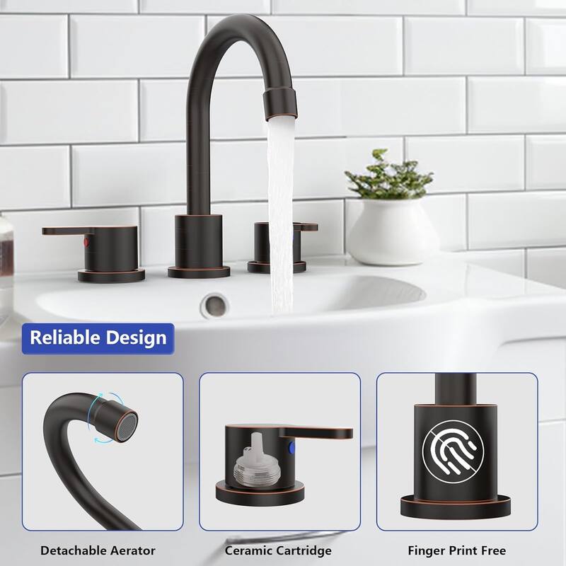 Widespread Bathroom Sink Faucet 2 Handle 8 inch Lavatory Faucet 3 Hole 360°Swivel Spout Basin Faucets with Pop Up Drain Assembly